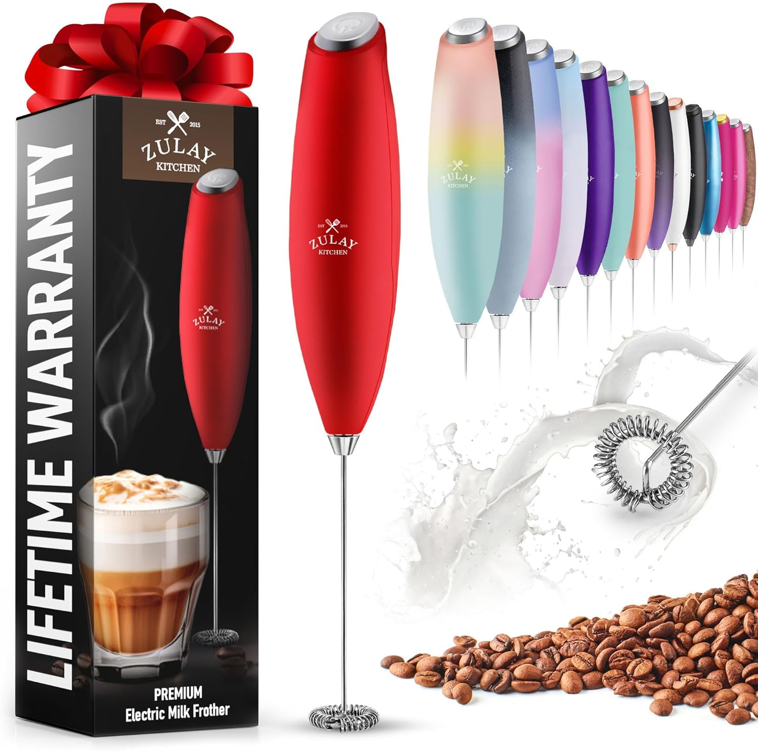 Zulay Powerful Milk Frother for Coffee with Upgraded Titanium Motor - Handheld Electric Whisk, Milk Foamer, Mini Mixer & Coffee Blender for Frappe, Latte, Matcha, No Stand - Red