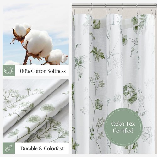 Martha Stewart Martha's Garden Shower Curtain Botanical Floral Print Cotton Shower Curtain for Bathroom, Spa Quality Modern Shower Curtains Standard Size, 72x72 Sage Green