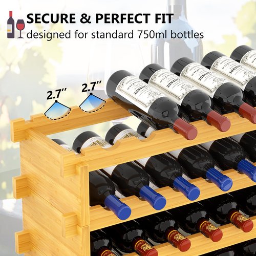 Bambition Bamboo Wine Rack Stackable, 8-Tier 72 Bottles Large Capacity, Modular Wine Storage Rack Free Standing, Floor Wine Display Shelf