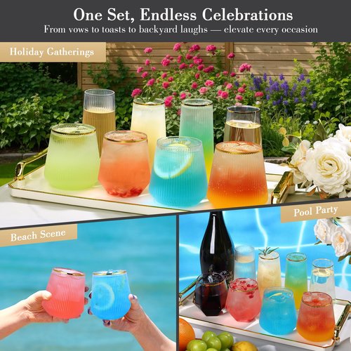 48 Pack Ribbed Plastic Wine Glasses – 24 x 9oz Stemless Champagne Flutes & 24 x 12oz Disposable Wine Glasses – Elegant Disposable Plastic Cups with Gold Rim – BPA-Free Drinkware for Weddings, Parties