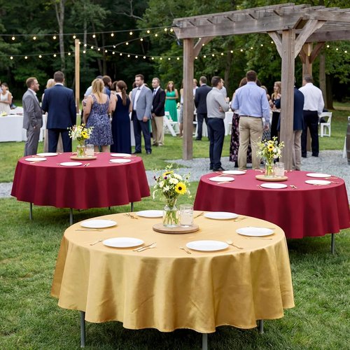 Buryeah 12 Pcs Round Burgundy & Gold Waterproof Disposable Tablecloths | 84 Inch for Parties