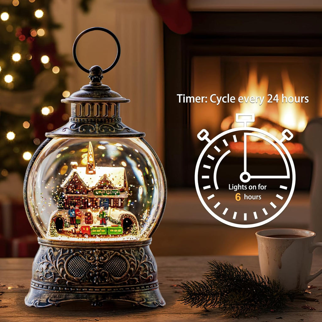 Regine Switzerland Christmas Snow Globe - Musical Water Lantern with 6-Hour Timer | USB & Battery Operated