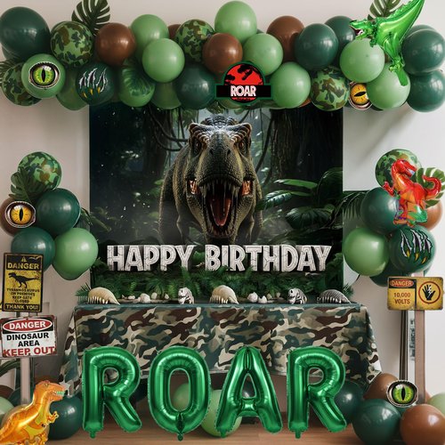 Dinosaur Birthday Decorations with Hunter Green Brown balloon arch & small T-Rex Foil balloons & backdrop Sign & Artificial Palm Leaves for Boys Jungle Safari Dino ROAR Party Supplies (Green Brown)