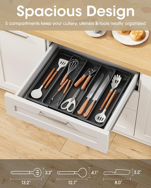 Aujen Silverware Organizer - Expandable Utensil Tray for Kitchen Drawers | Adjustable Cutlery Storage, Black, X-Large