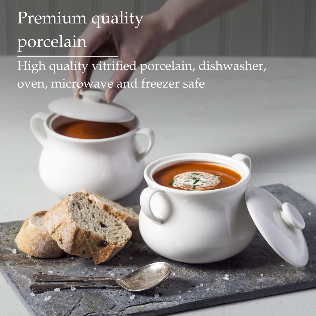 WM Bartleet & Sons 1750 TSET118 Traditional Porcelain Set of 2 Lidded Individual French Onion Soup and Stew Bowl with Handles 500ml – White