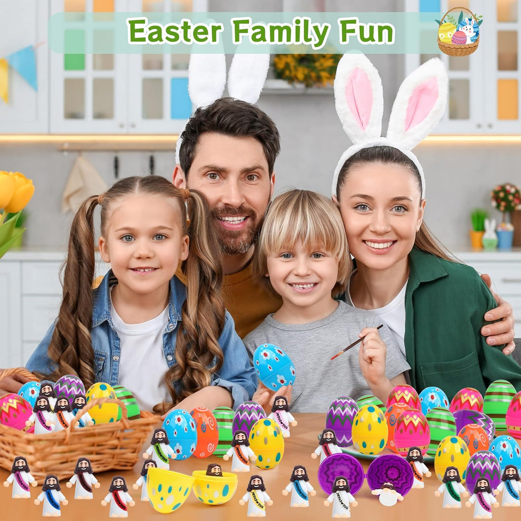 Regine Switzerland Easter Basket Stuffers - 60 PCS Colorful Eggs & Religious Jesus Figurines for Kids