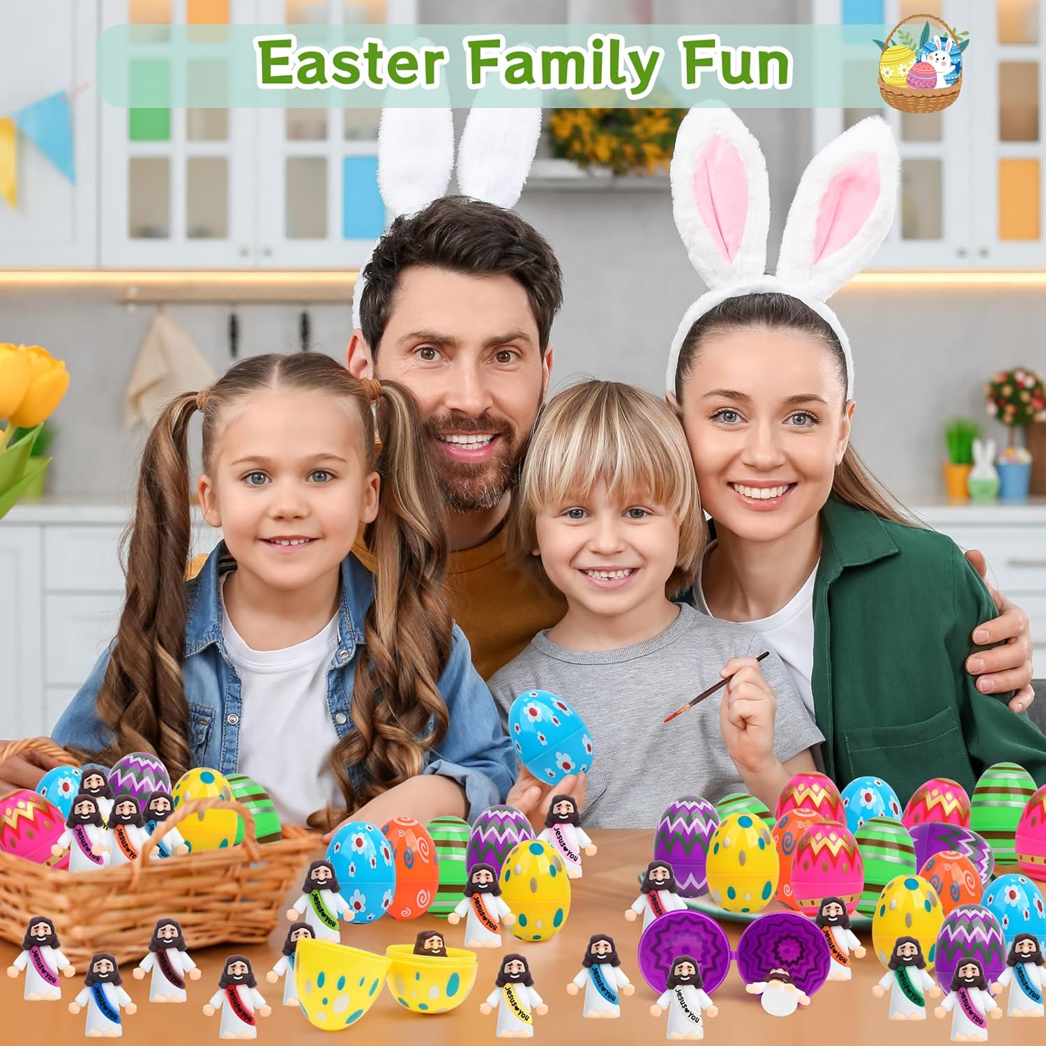 Regine Switzerland Easter Basket Stuffers - 60 PCS Colorful Eggs & Religious Jesus Figurines for Kids