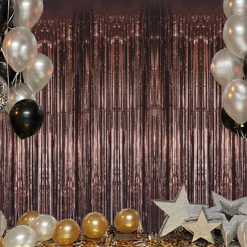 DECOCKRAT 2 Pack Foil Fringe Backdrop - Brown Shiny Tinsel Curtains for Party Decoration/Photo Booth Props - 3.3x6.6 FT Metallic Foil Backdrop for Birthday, Wedding, Graduation, Christmas.
