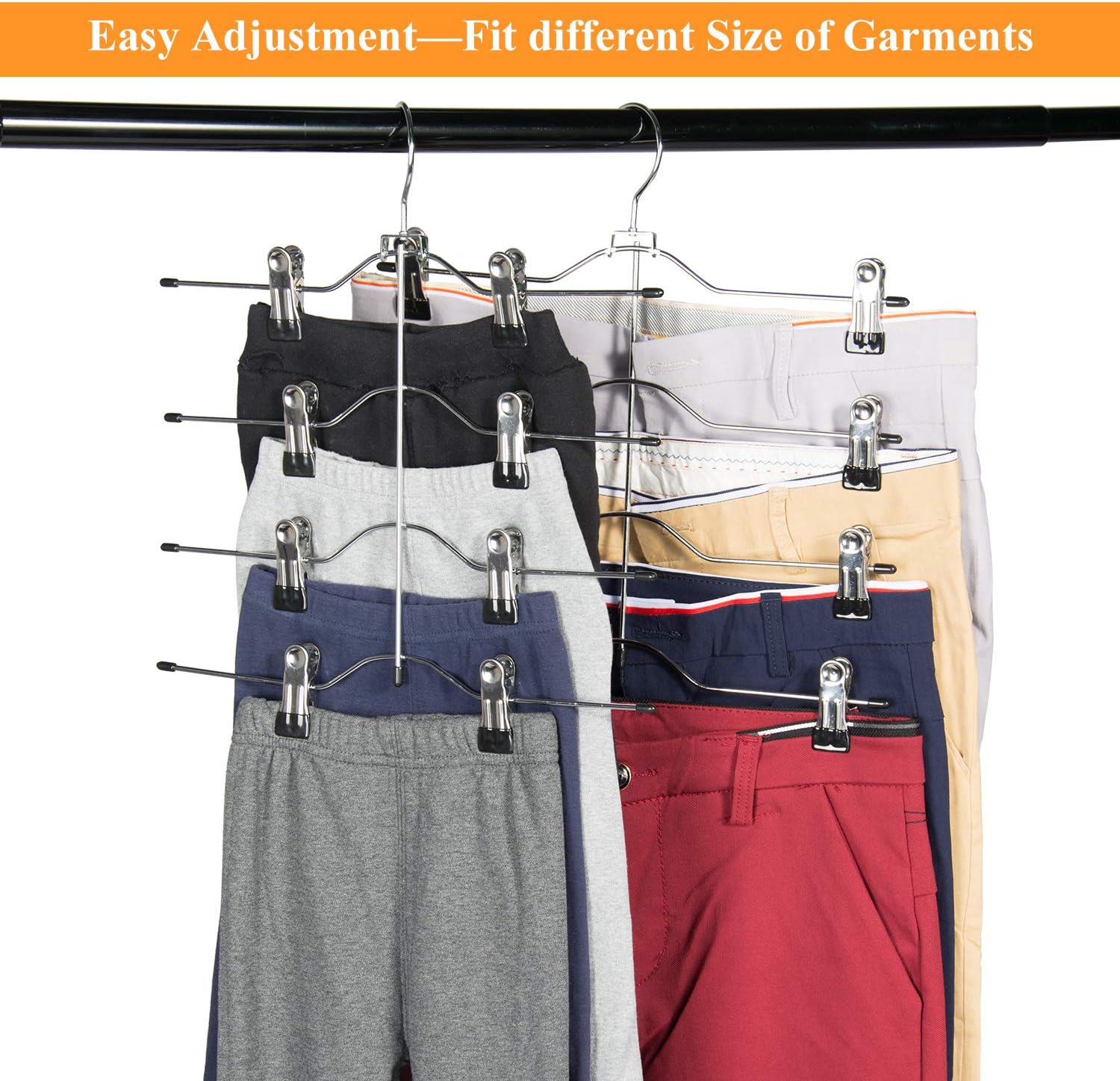 Skiennix Multi-Layer Pants Hangers - 4 Tier Adjustable Clip Skirt Organizer | Heavy Duty Non-Slip Design (Black)