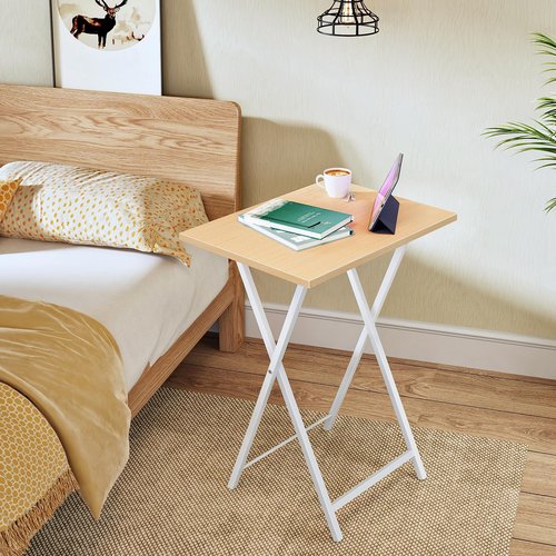 HOOBRO Folding TV Tray Tables, Set of 2 Side Table for Small Space, Industrial Snack Tables for Eating at Couch, Stable Metal Frame, Easy Assembly, Space Saving, Natural and White WN25BZ01