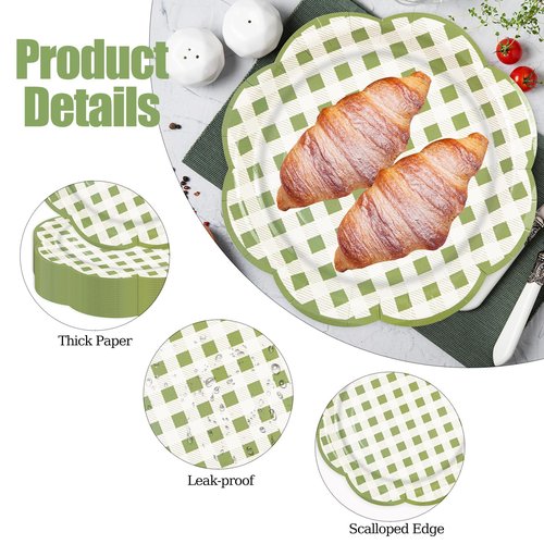 50Pcs Sage Green Gingham Paper Plates 7Inch, Green and White Scalloped Plates Disposable Cake Dessert Dinner Plate for Baby Shower Wedding Birthday Party Decorative Supplies (7 Inch)