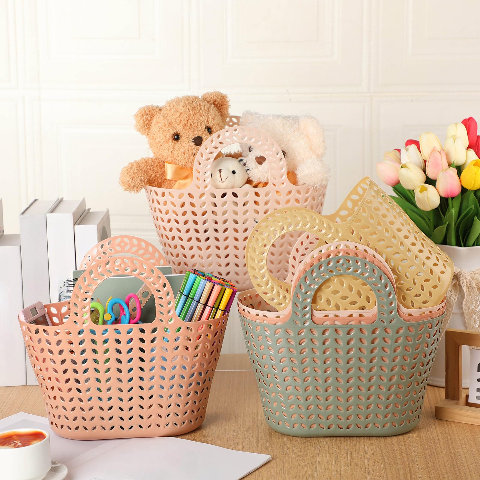 Nuogo 10 Pack Plastic Basket with Handles Multicolor Oval Carry Totes Potable Multipurpose Reusable Toiletry Storage Organizer Basket for Home Bathroom Dorm Communal Showers School