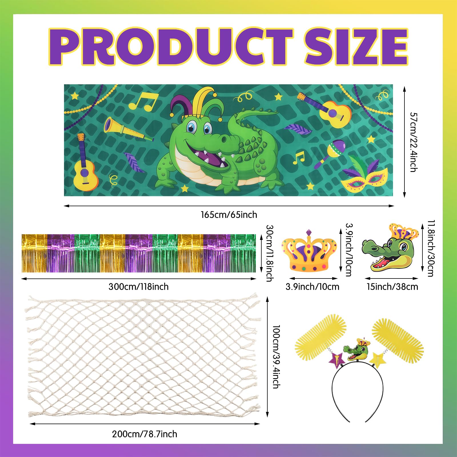 Saypacck 6 Pcs Mardi Gras Wagon Float Decoration Set 1 Crocodile Cloth 1 Crown 1crocodile Head 1beige Cotton Twine Net 1purple Golden Rain Curtain 1felt Hairband for Carnival Float Parade Party Supply