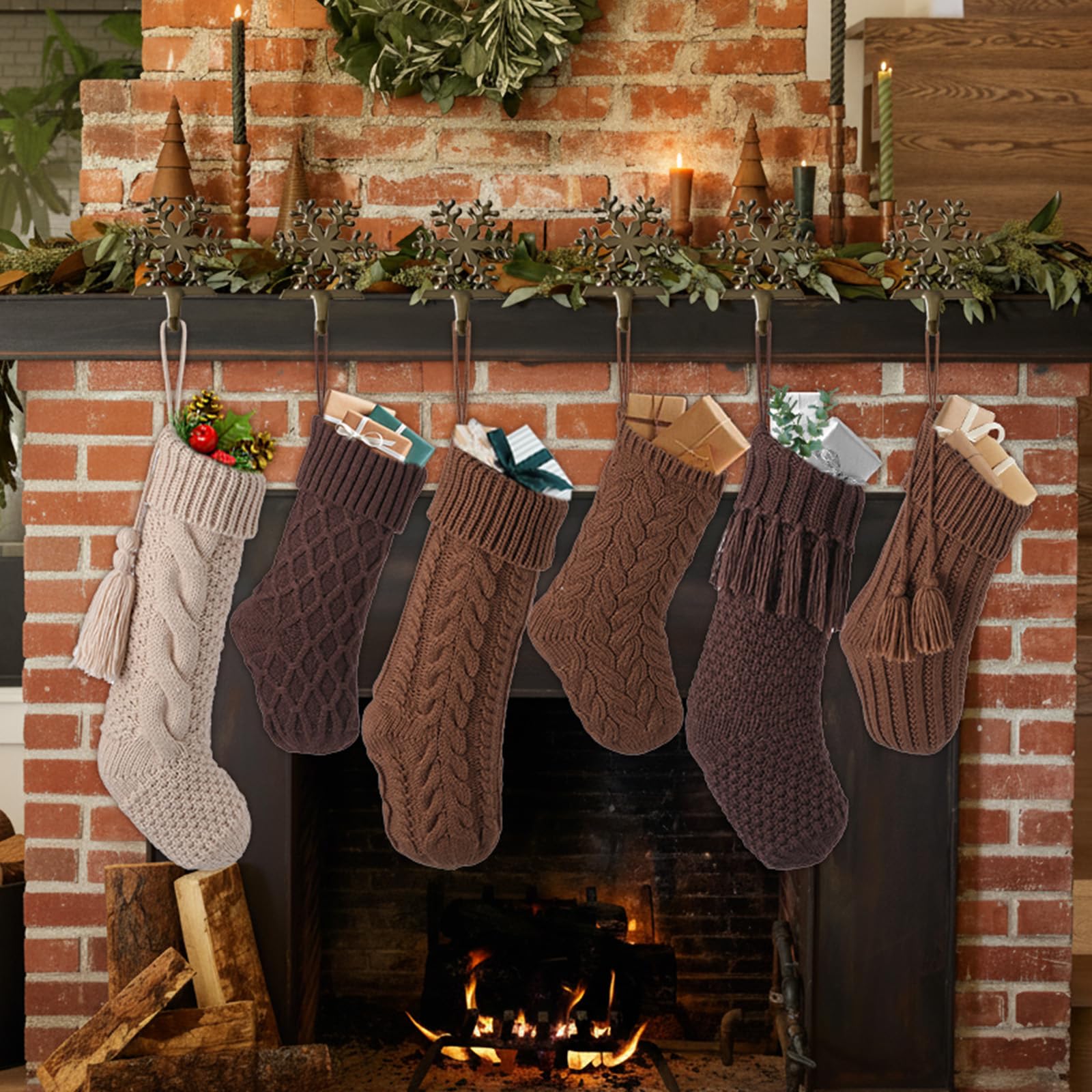steo spce 6 Pack Vintage Knit Christmas Stockings – White Beige Apricot Rustic Boho Farmhouse Cable Knitted Holiday Set, 3 Large 18” and 3 Small 15” Neutral Stockings (Brown Color)