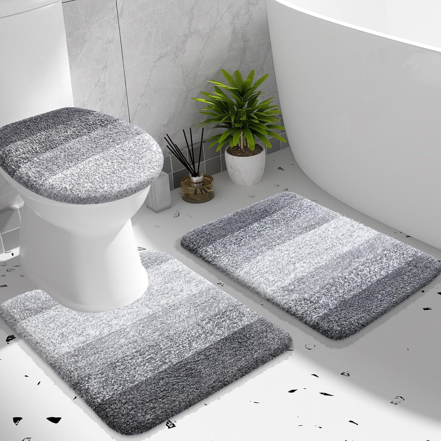 OLANLY Bathroom Rug Set - Soft Microfiber Absorbent Mats | U-Shaped Contour Toilet Mat & Lid Cover - Grey