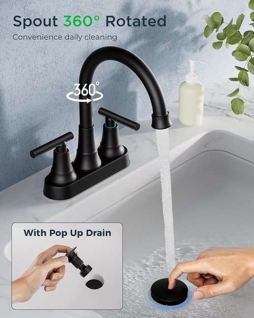 FORIOUS Matte Black Bathroom Faucet - 360° Spout with Pop-Up Drain | 4-Inch Centerset, Two Handles