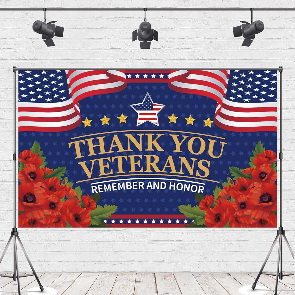 Red Poppies Veterans Day Banner - Thank You Veterans Decorations | 4th of July Patriotic Backdrop