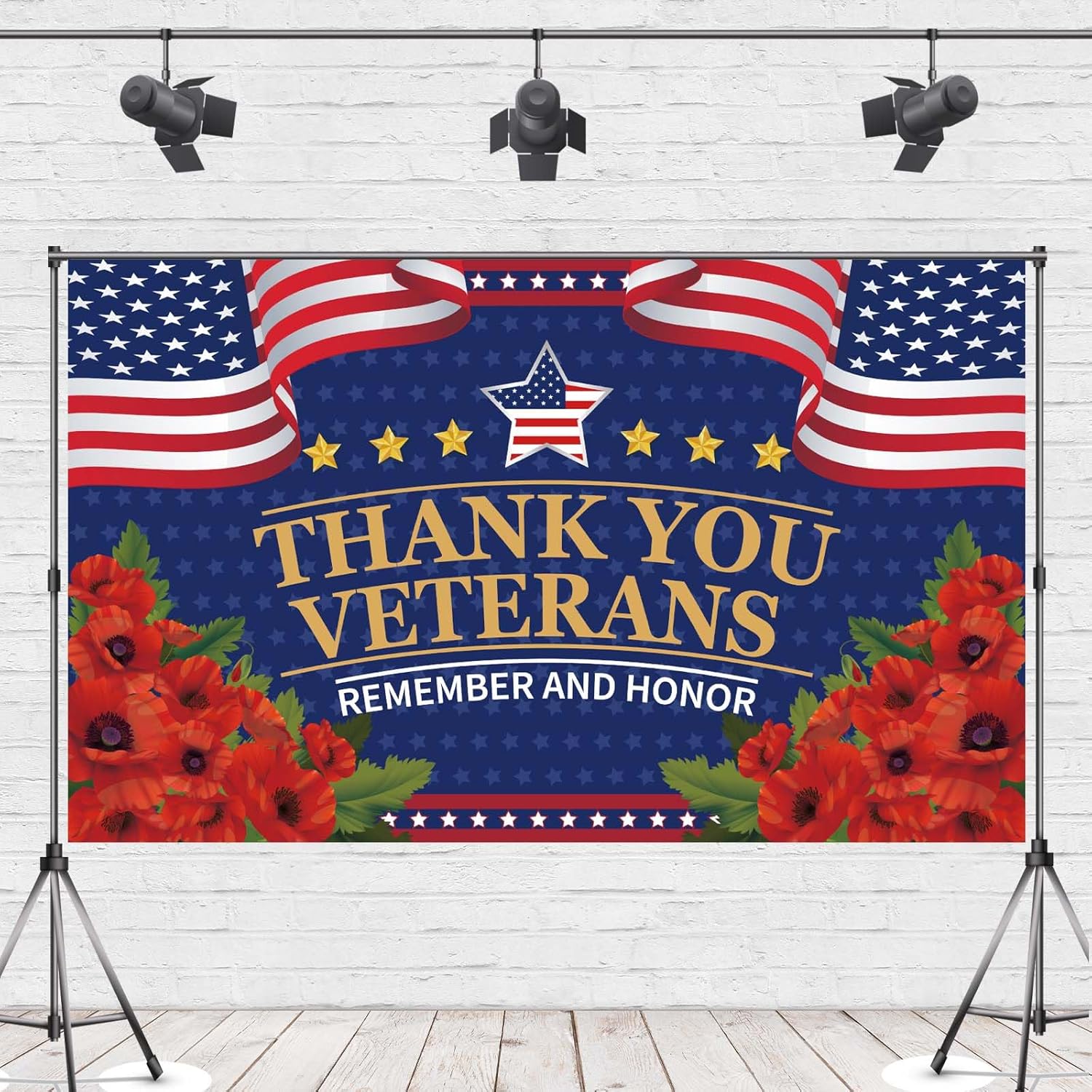 Red Poppies Veterans Day Banner - Thank You Veterans Decorations | 4th of July Patriotic Backdrop