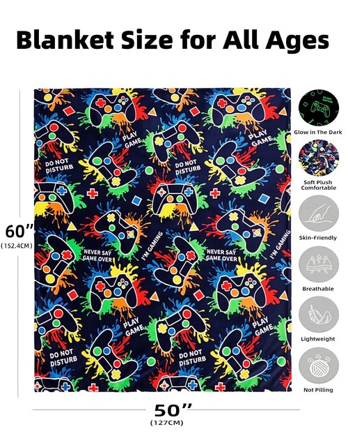 Gaming Gifts for Gamer Glow in The Dark Blanket: Cool Birthday Glowing Presents Toys for Video Game PC Gamers Men Teen Boys Kids Adults Girls Valentines Easter Christmas Ideas Throw Navy Blue 60x50 In