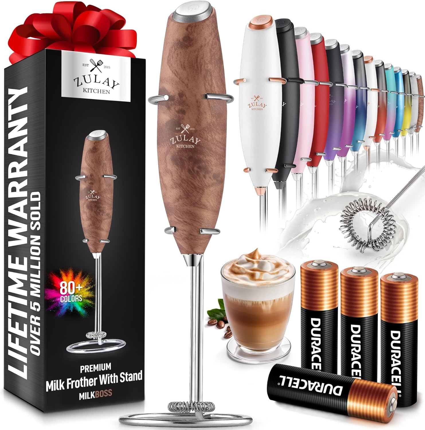 Zulay Kitchen Milk Frother Wand - Ultra Fast Handheld Electric Whisk for Coffee, Lattes & More - Walnut Finish