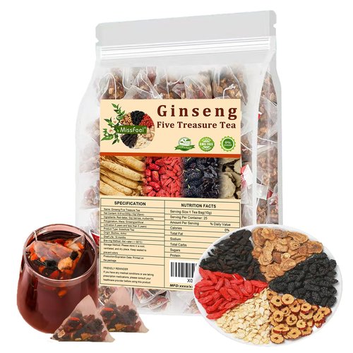 Ginseng Five Treasure Tea, Kidney Tea Formula Ginseng Six Treasure, Natural kidney Detox tea for Men&Women, Organic Chinese Herbal, 6 Precious Ingredients Formula (1 Bag 25 Pcs)