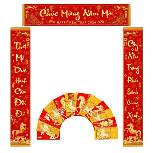 Wollmix Tet Vietnamese Lunar New Year Decorations 2026 Chuc Mung Nam Moi Lien Treo Trang Tri 3 Pieces Banner Red Hanging Couplets with 12 Red Envelopes