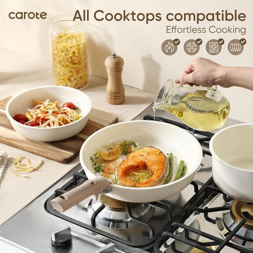 CAROTE 18-Piece Ceramic Cookware Set - Induction Nonstick Pots & Pans, Dishwasher Safe, Brown