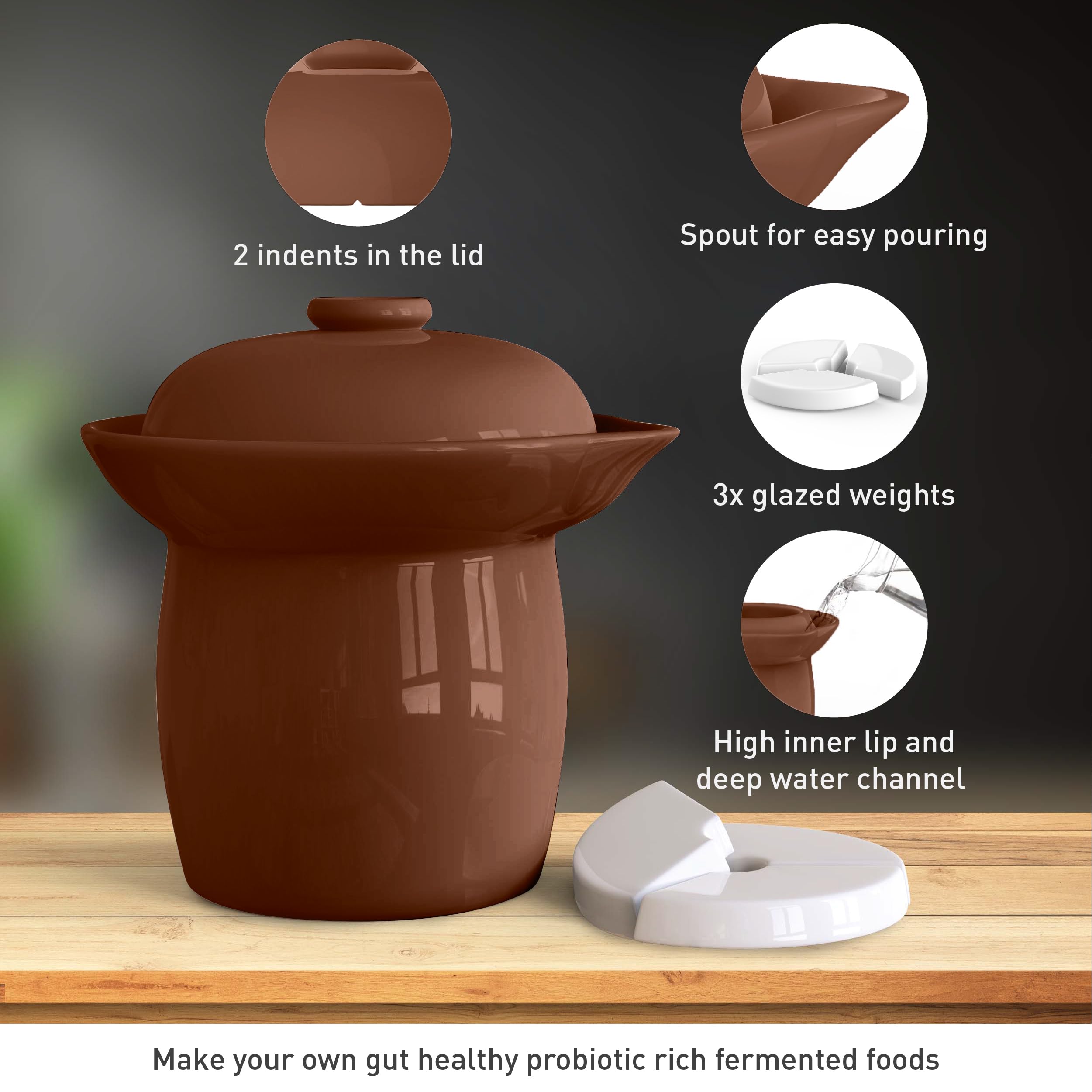 Zetilli Fermentation Crock Jar Fermenting Crock with Glazed Weights- Onggi Kimchi Pot for Fermenting Delicious Kimchi, Kombucha & Pickles - Stoneware Sauerkraut Crock Pickling Fermenter (4L BROWN)