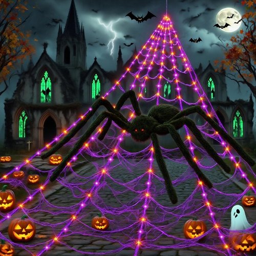 Halloween Decorations, 16.4FT Diameter Spider Web Lights with Black 5FT Spider, 250 LED Waterproof Net Lights, Remote Control, 8 Modes Cobweb for Yard House Garden Outdoor Indoor Party Haunted Decor
