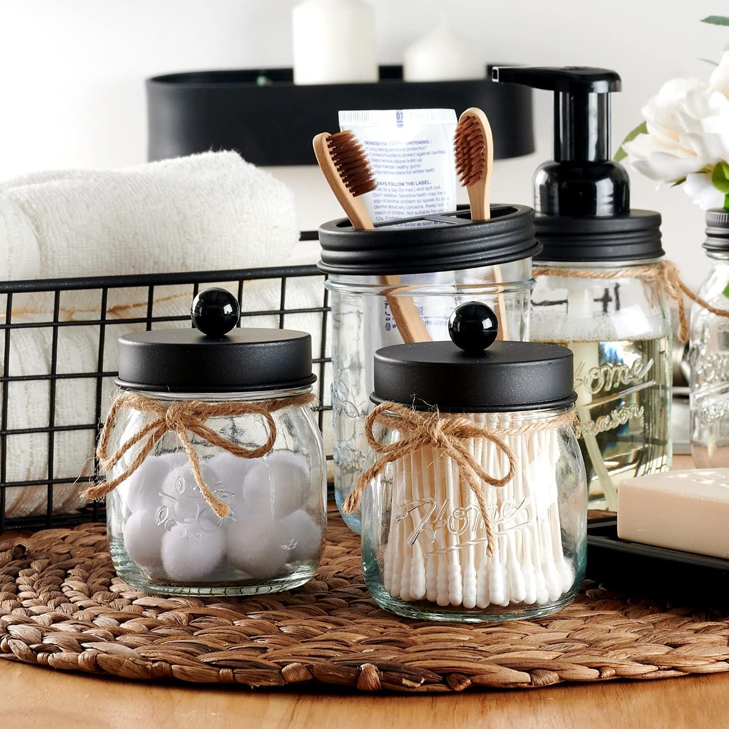 SheeChung Qtip Holders - Stylish Black Bathroom Decor for Cotton Swabs & Balls | 2 Pack