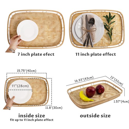 PEMAR Set of 4 Bamboo Wicker Serving Trays for Foods & Drinks, Rectangular Breakfast Lap Trays with Handles Wooden Decorative Platters for Coffee Table, Bed Eating