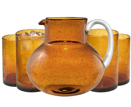 ARTLAND Iris 90oz Glass Pitcher & 17oz Highball Glasses (Set of 4) - Handcrafted Drinkware, Unique Bubble Design, Lead-Free Glass for Serving Beverages, Home Dining, Entertaining Essentials (Amber)