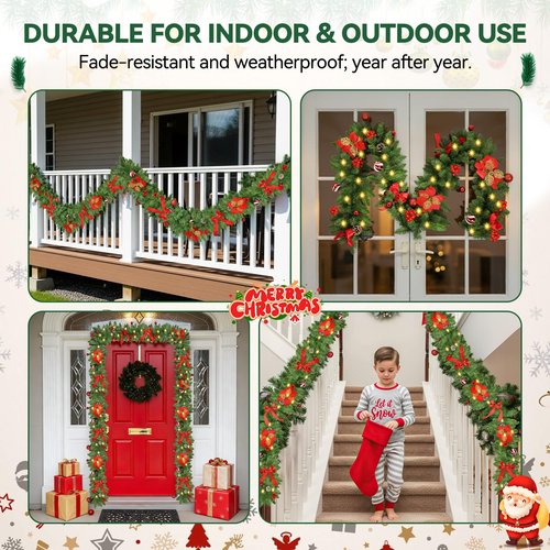 Christmas Garland with Lights, 9FT 30 LED Prelit Christmas Garland with Pinecones, Flowers, Bows, Outdoor Indoor Christmas Decorations Garland Battery Operated with Timer for Stairs,Mantel,Door,Window