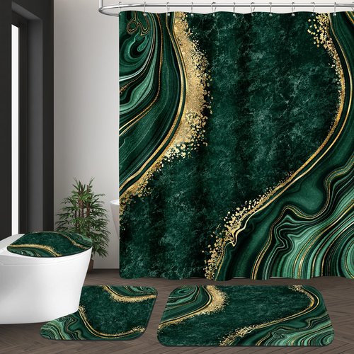 BayNook 4PCS Emerald Green Gold Marble Shower Curtain Sets with Rugs, Abstract Bathroom Sets with Shower Curtain and Rugs, Bathroom Curtains Shower Set with Toilet Lid Cover for Bathroom Decor