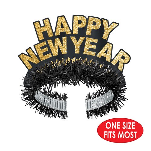 Beistle Black and Gold Happy New Year Regal Tiaras – 50-Pack Glittered NYE Headbands with Metallic Fringe and Crown Design for Midnight Celebrations, Countdown Events and HNY Party Supplies
