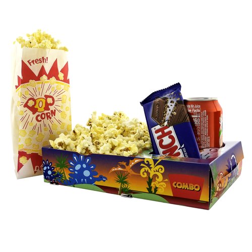 SNAPPY Dinosaur Movie Night Kit, 18 Pcs — 6 Kids Snack Trays with Cup Holder & 12 Burst Popcorn Bags, Disposable, Food-Safe, USA Made