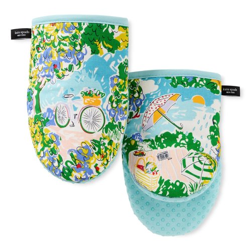 Kate Spade New York Spring Garden Mini Oven Mitt 2-Pack Set, Heat Resistant, 100% Cotton with Printed Non-Slip Silicone Grip, Blue/Green/Beige, 5.5"X8"