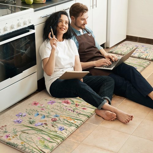 KIMODE Anti Fatigue Mats for Kitchen Floor 17"x59"+17"x29", Farmhouse Floral Kitchen Rugs, Cushioned Memory Foam Kitchen Mats, Comfort Standing Mat for Laundry, Office, Sink, Desk Brown