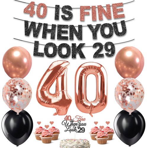Yatufom 40th Birthday Decorations for Women, Pre-Strung 40 Is Fine When You Look 29 Banner, Number 40 Balloons Cake & Cupcake Toppers Party Supplies Kit, 40 Year Old Birthday Party Decorations