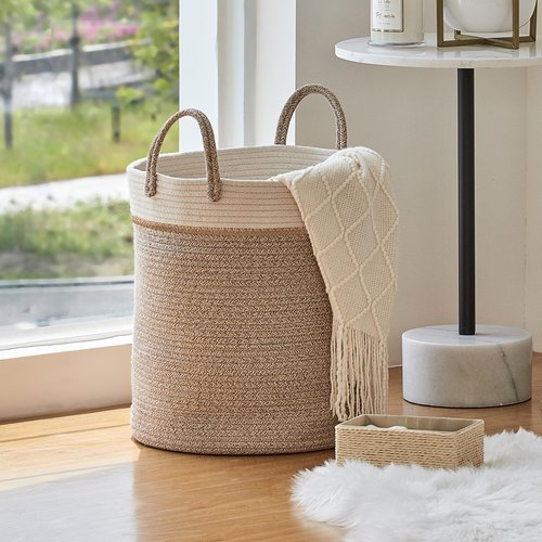 LA JOLIE MUSE Woven Basket Rope Storage Baskets - Tall Cotton Basket 16 x 14 x 14 Inches, Laundry Basket for Blanket, Kids Toy, Nursery Clothes Hamper Basket White & Desert