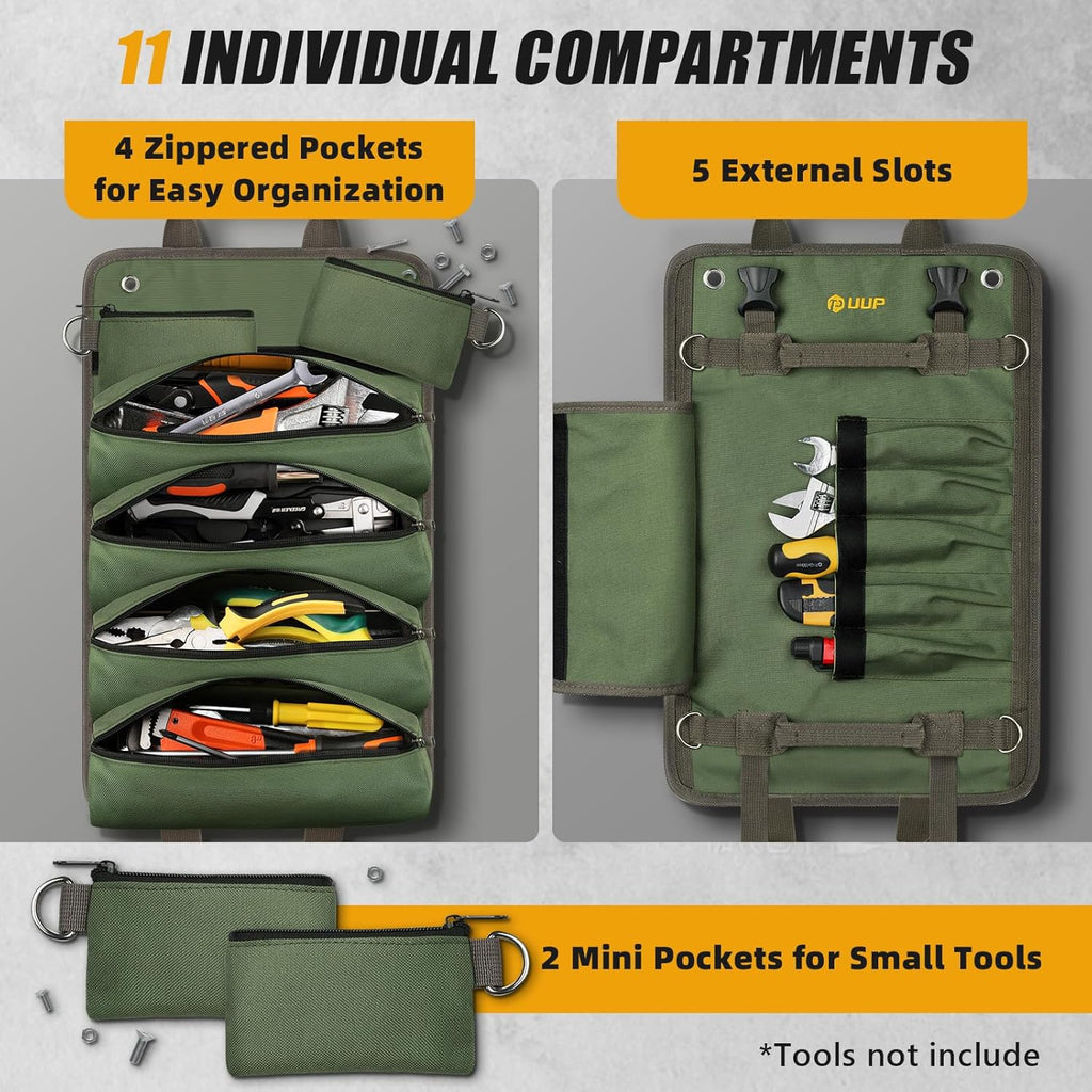 UUP Heavy Duty Tool Bag Roll Up - Portable Foldable Organizer with Pockets | Green, Perfect for Mechanics & Gifts for Dad