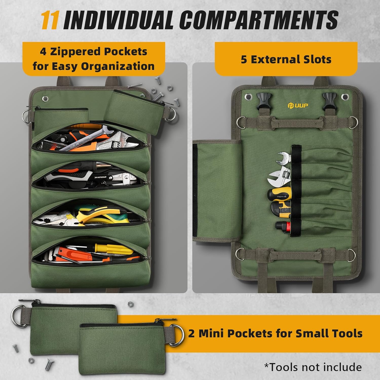UUP Heavy Duty Tool Bag Roll Up - Portable Foldable Organizer with Pockets | Green, Perfect for Mechanics & Gifts for Dad