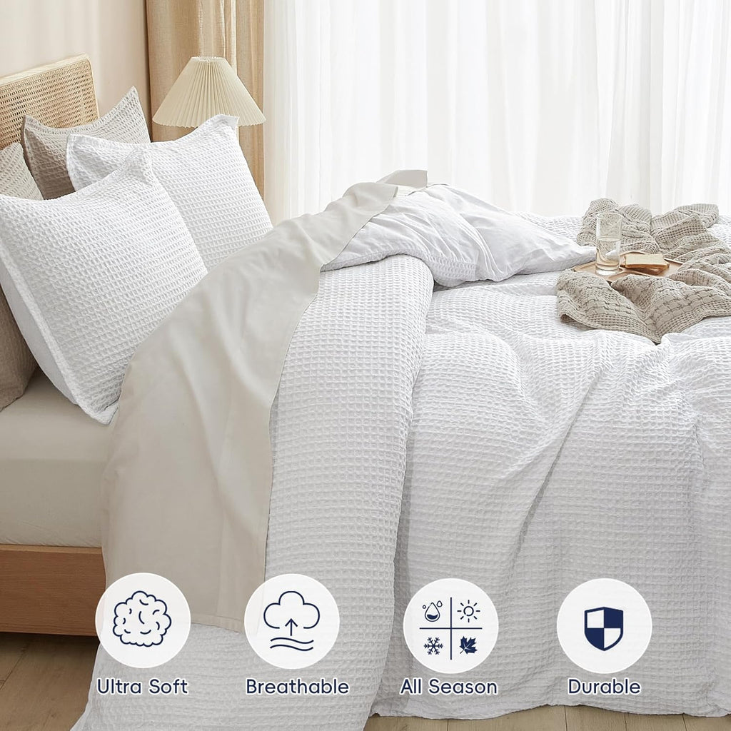 PHF Waffle Weave Duvet Cover Set - Ultra Soft Luxury King Size Bedding | 3-Piece White Set with 2 Pillow Shams (104"x90")