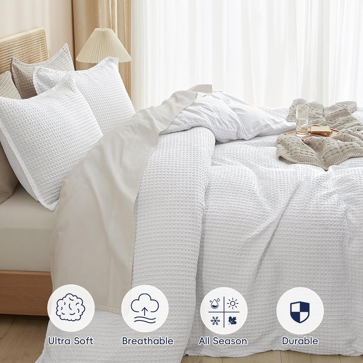 PHF Waffle Weave Duvet Cover Set - Ultra Soft Luxury King Size Bedding | 3-Piece White Set with 2 Pillow Shams (104"x90")
