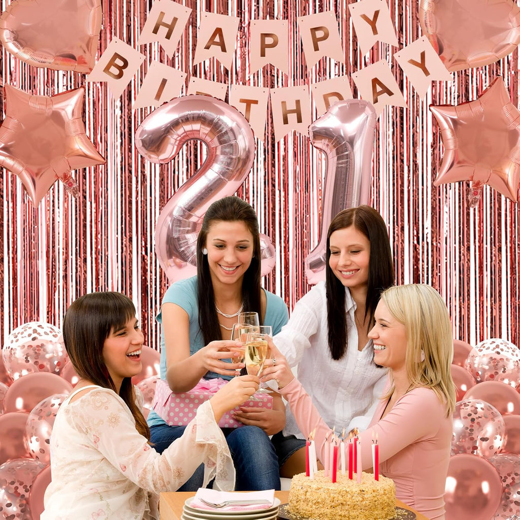 RUBFAC 21st Birthday Decorations - Elegant Rose Gold Sweet 21 Party Kit with Banner & Balloons
