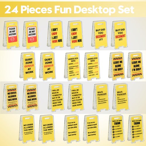 24 Pack Funny Office Desk Signs, Mini Acrylic Yellow Caution Desk Signs Office Decorations for Coworker Women Men Boss and Employee Appreciation Gifts