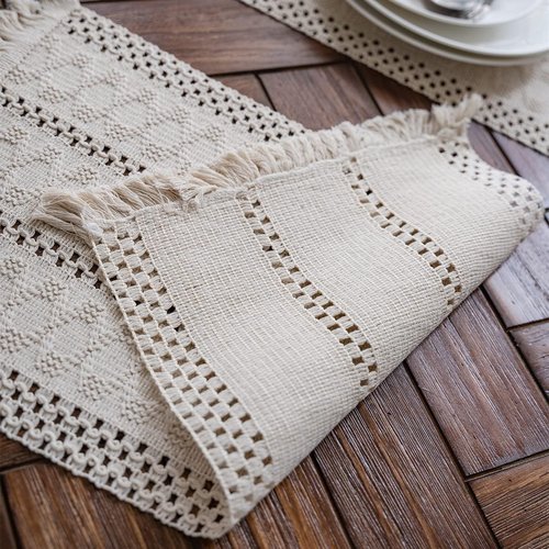 Alynsehom Macrame Table Runner Cream Beige Boho Table Runners with Tassels Hand Woven Cotton Table Runner Rustic Farmhouse Table Runners for Bohemian Kitchen Dining Table(12x60in)