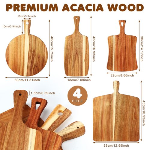 SiliFine Set of 4 Thick Acacia Wood Cutting Boards with Handles, Assorted Sizes Large Charcuterie Boards, Butcher Block Serving Tray for Cheese, Meat, Pizza, Vegetables, Bread(Large)