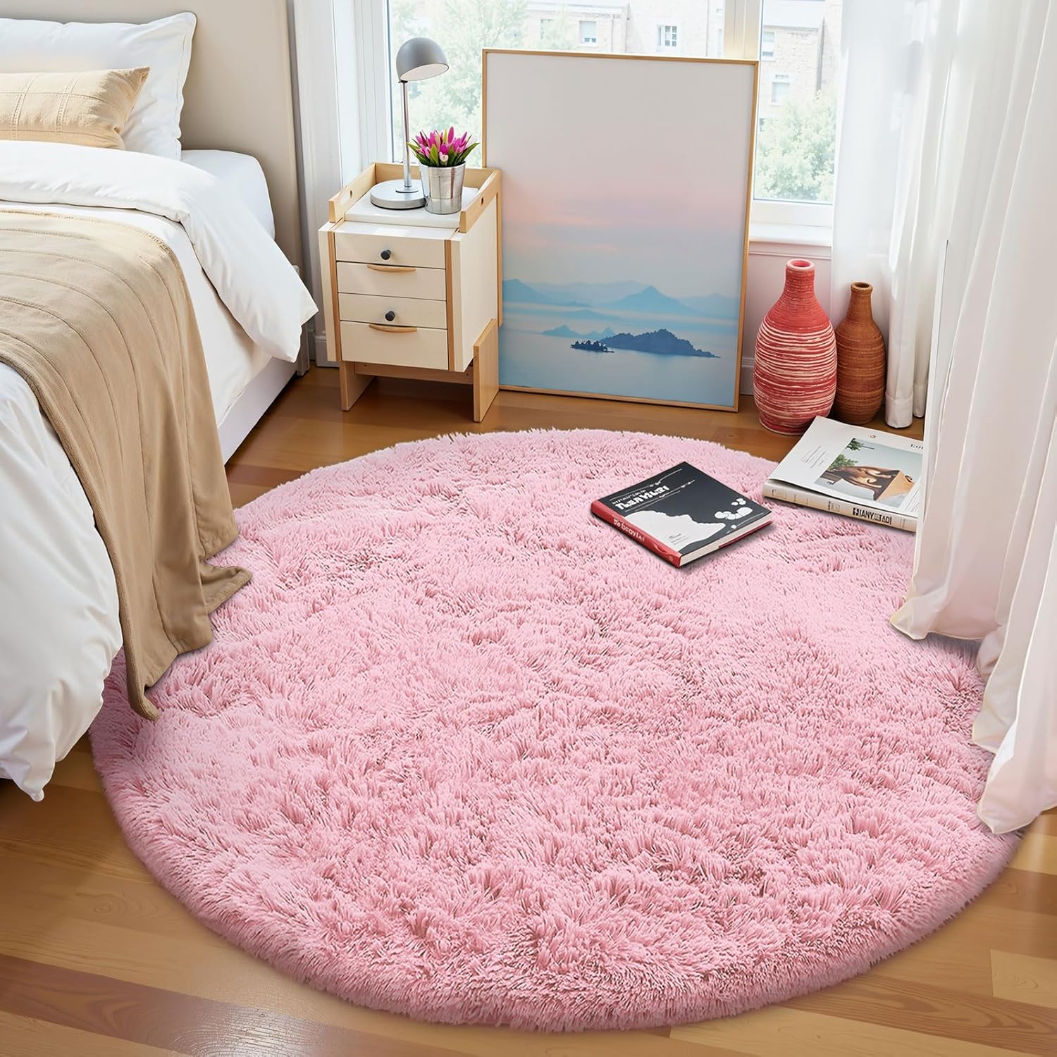 OLANLY Pink Round Area Rug - Soft, Fluffy, Machine Washable 5 ft Circle Carpet for Bedroom & Nursery Decor