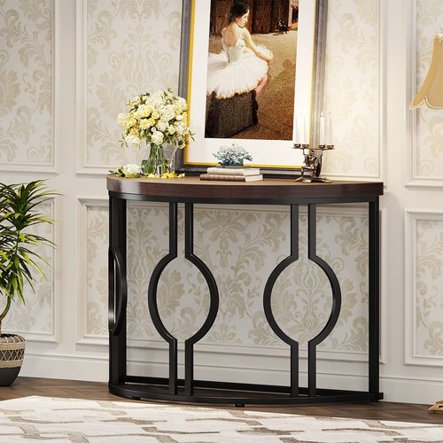 LITTLE TREE 43 Inch Half Moon Console Table for Entryway Industrial Semi Circle Sofa Table Wood Accent Table for Living Room, Hallway, Foyer, Entrance, Rustic Brown